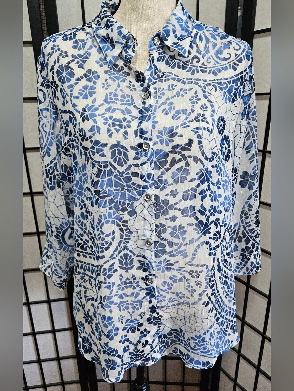 Chico's Size 2 (Large) Blue & White Mosaic/Lattice Print Chiffon 3/4 Sleeve...